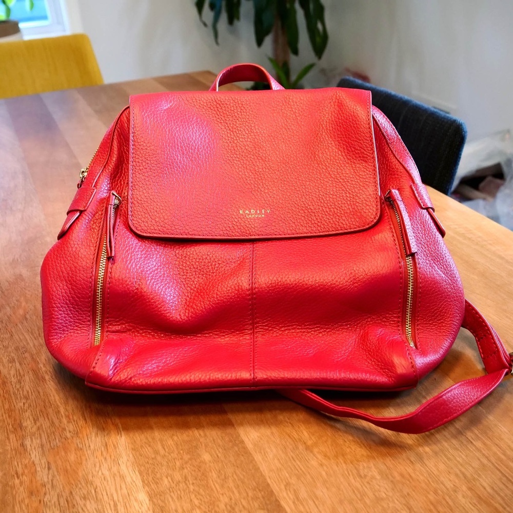 RADLEY LONDON Red Pebbled Leather Flapover Backpack, Red